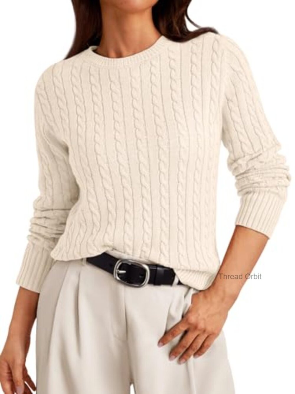 Lightweight Cable Knit Pullover Sweater for Women Long Sleeve Crew Neck Cozy Top